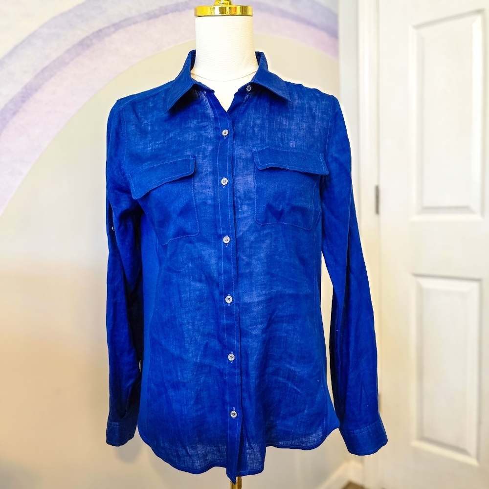 Calvin Klein | Small | Royal Blue Linen Long Sleeve Button Down
